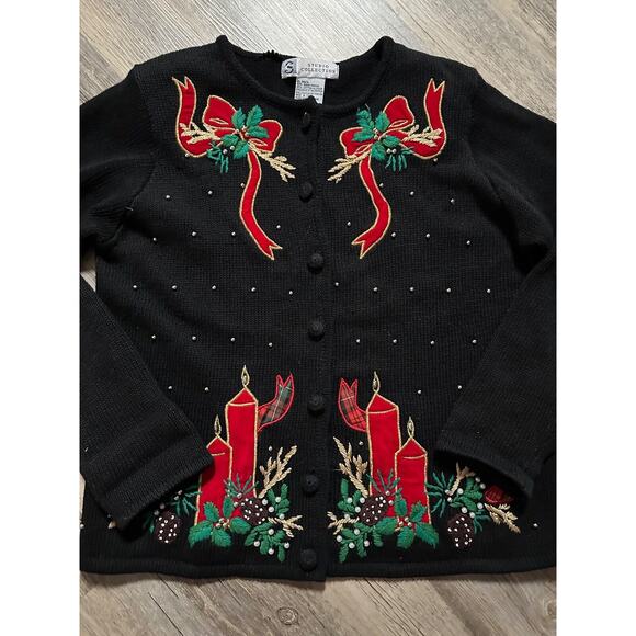Vtg Studio Collection Christmas Holiday Sweater Cardigan Y2K Size Small Candles - Picture 2 of 9